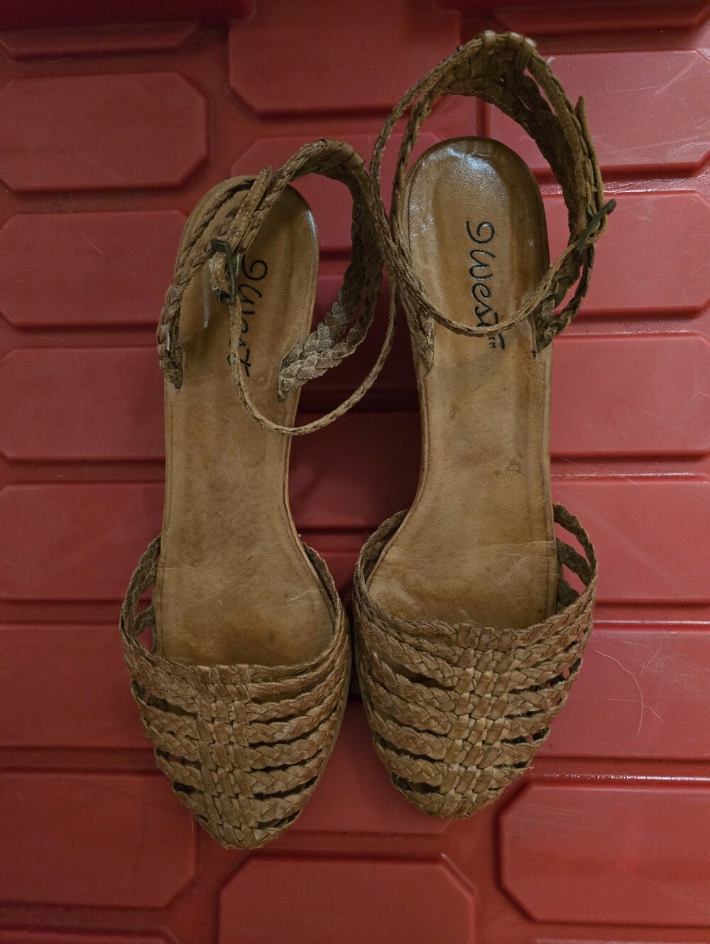 9 West Brown Woven Ankle-Strap Sandals